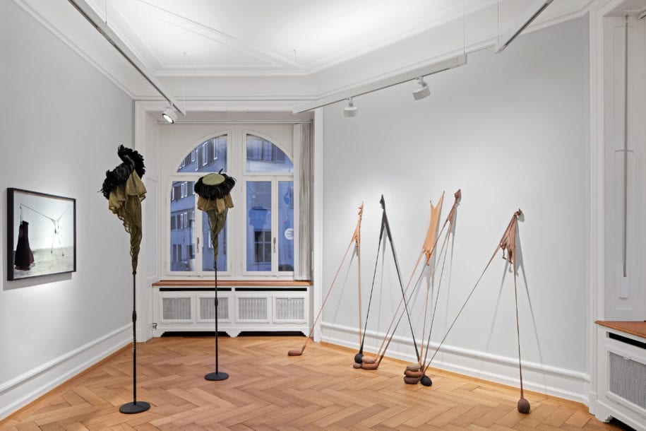 Installation view of Experimenting with Materiality: Terry Adkins, Sonia Gomes, Senga Nengudi, Carol Rama exhibition at Lévy Gorvy with Rumbler Zürich, 2019