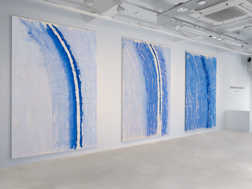 Installation image of Gunther Uecker at 40 Albemarle, featuring paintings from the Lighbtogen series.