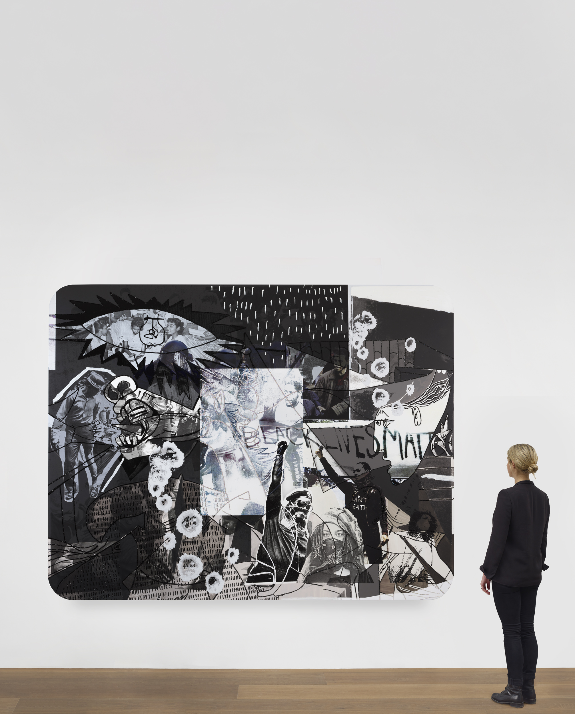 Scale view of Mickalene Thomas's painting Guernica (Resist #3)