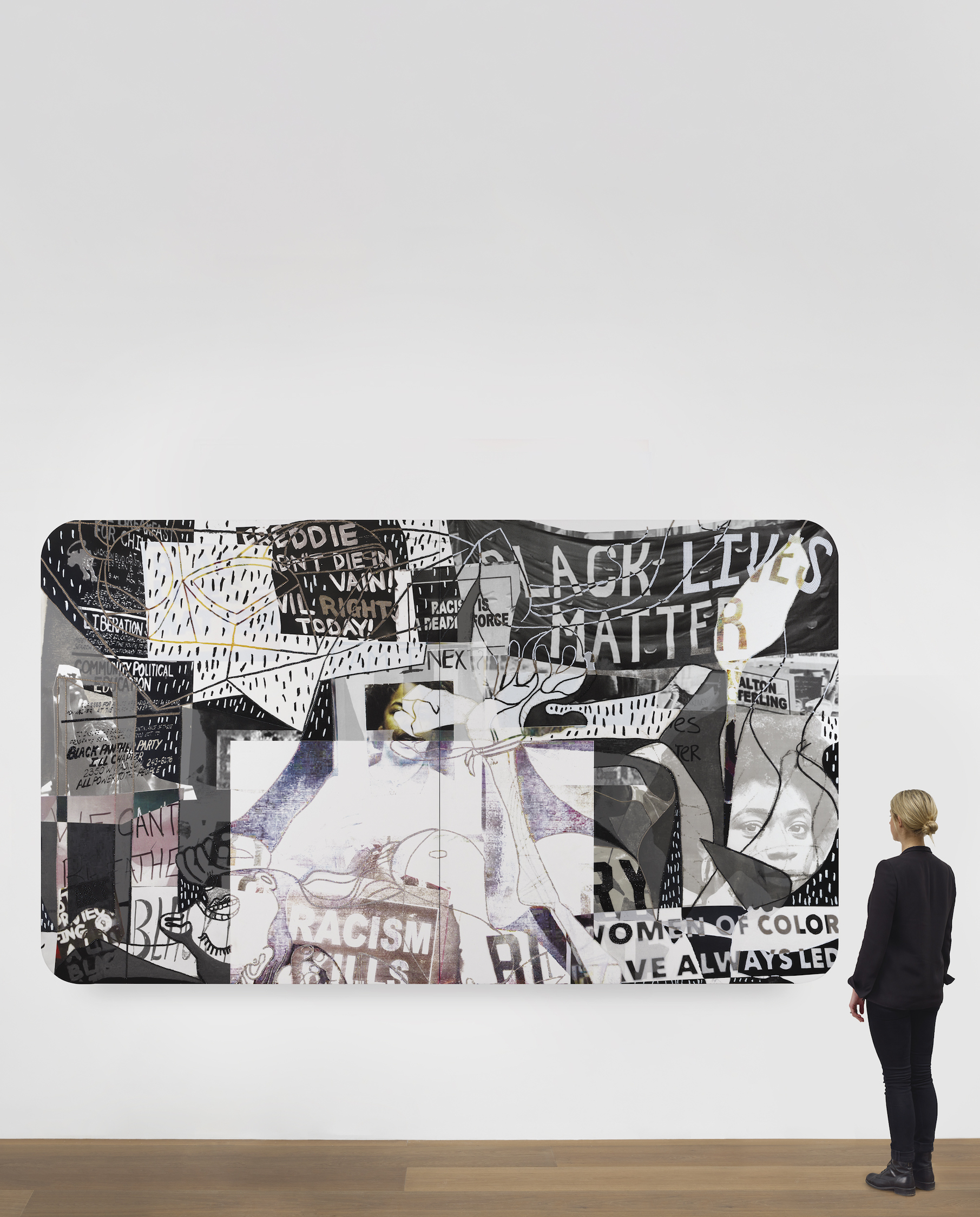 Scale view of Mickalene Thomas's painting The Charnel House (Resist #5)